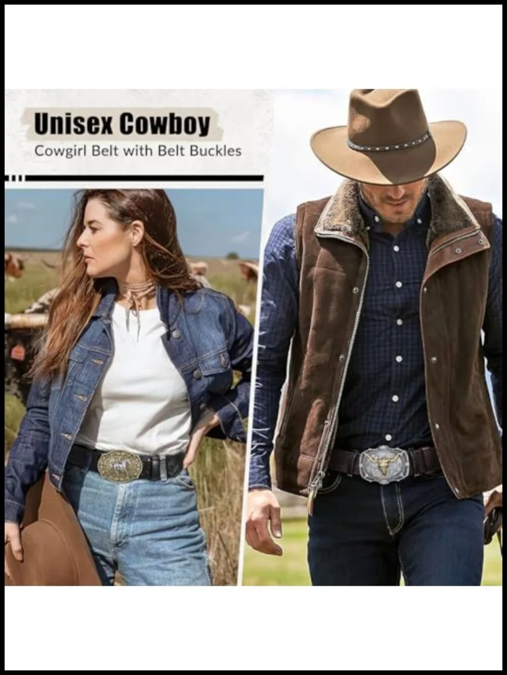 Western Cowboy Belt Set 2 Pack Genuine Leather Men Women